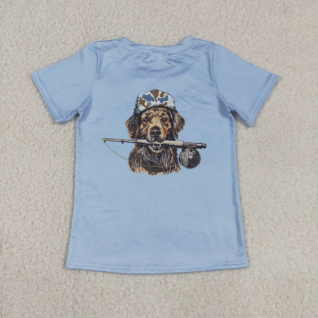 BT1761 Kids Baby Boys Blue Short Sleeve Dogs Fishing Hunting T-shirts Top