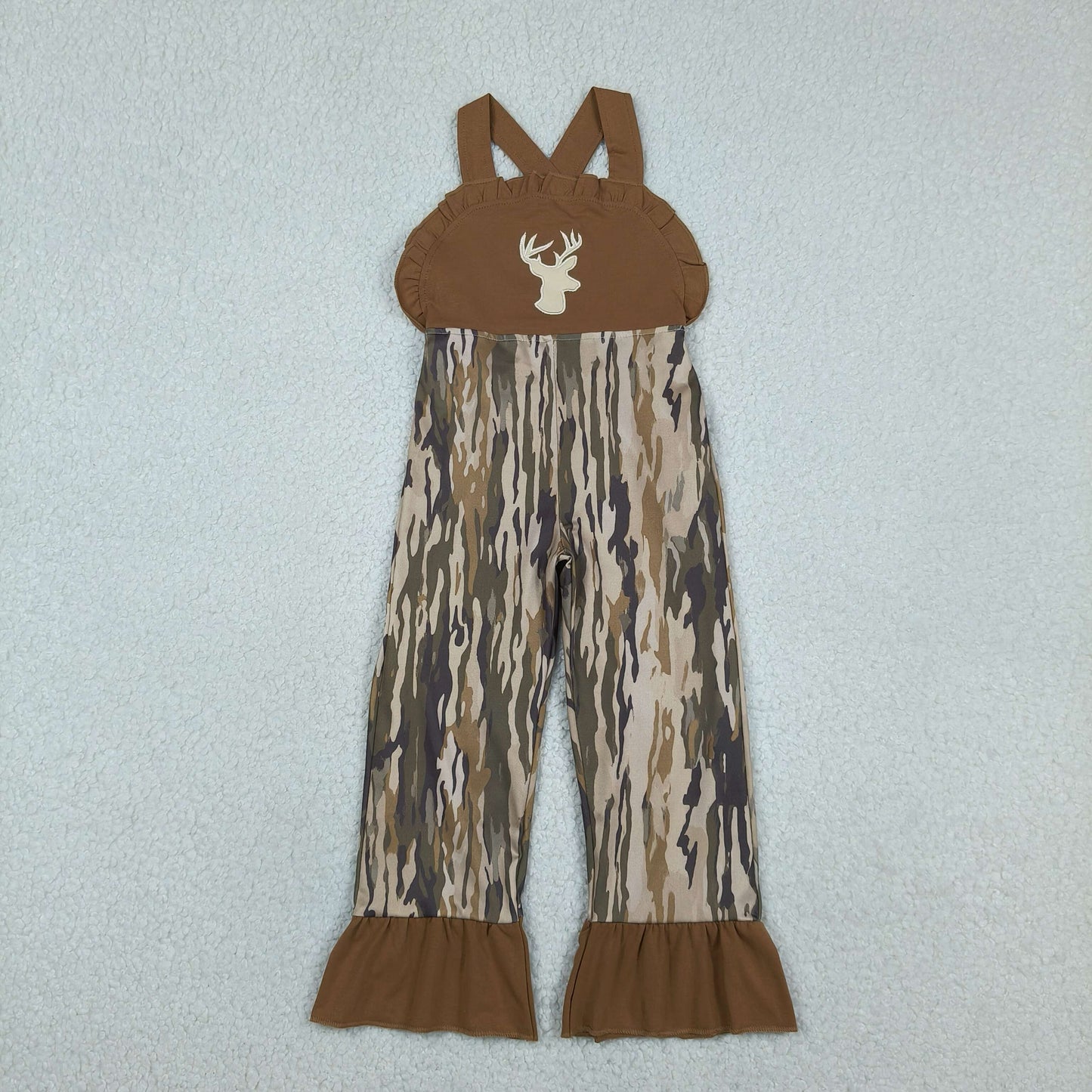 SR4047 Kids Embroidery Deer Baby Girls Strap Southern Olive Wood Camo Hunting Jumpsuits