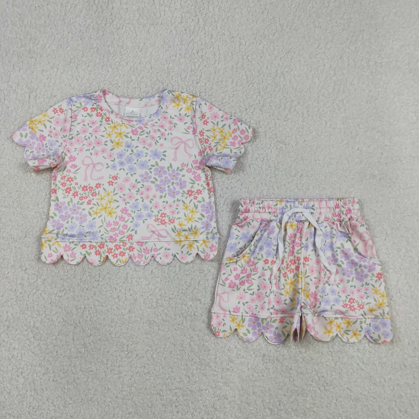 GSSO3270 Kids Baby Girls Colorful Flowers Bows Top Pockets Shorts Scallop Clothes Sets