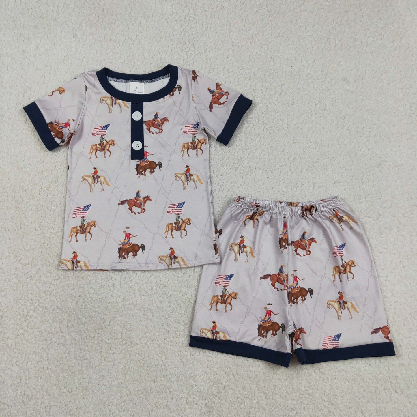 BSSO1497 Kids Baby Boy Horse Rodeos Flags Button Top Short 4th Of July Pajamas Set