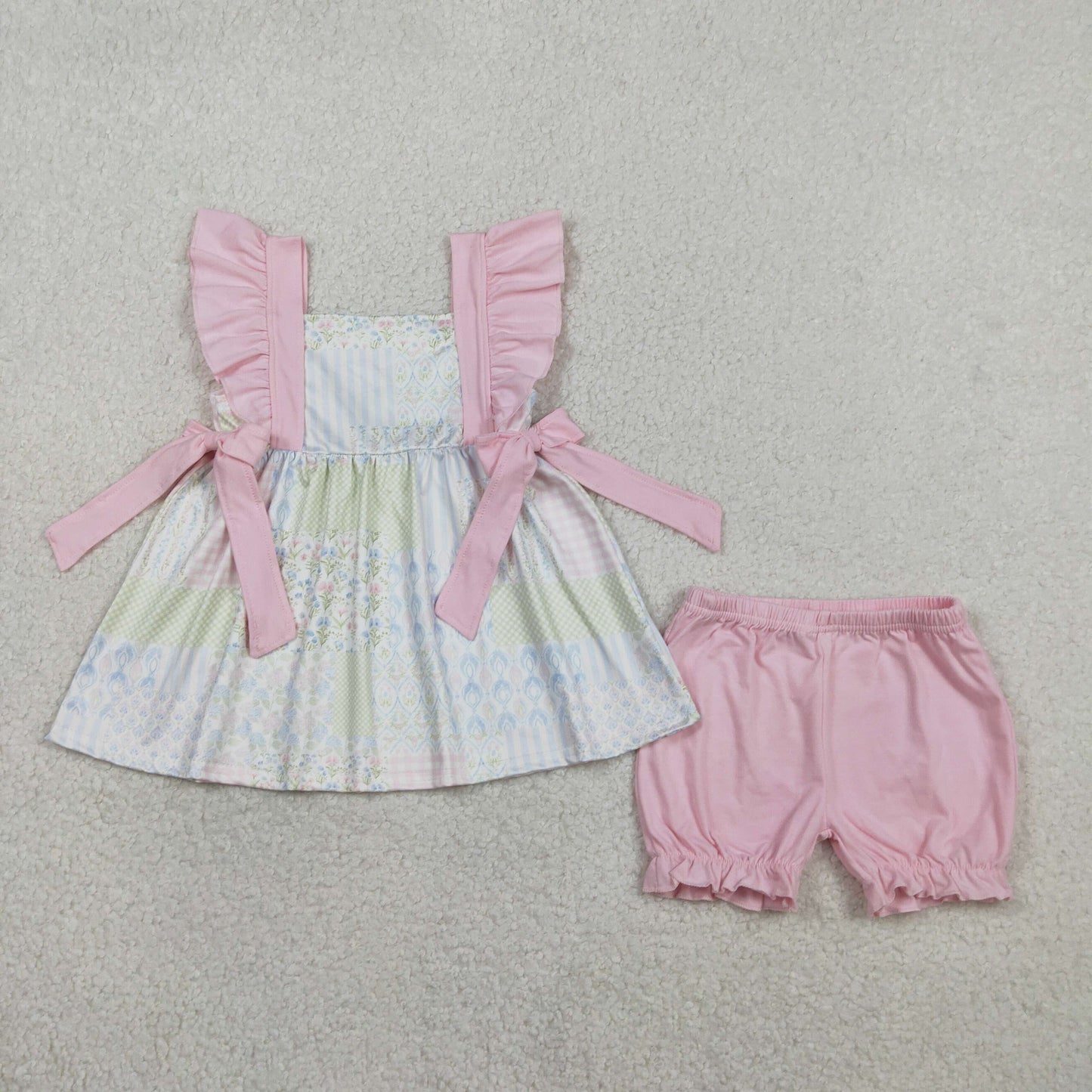 GSSO2951 Kids Baby Girl Bows Flowers Checked Tunic Ruffle Shorts Clothes Sets