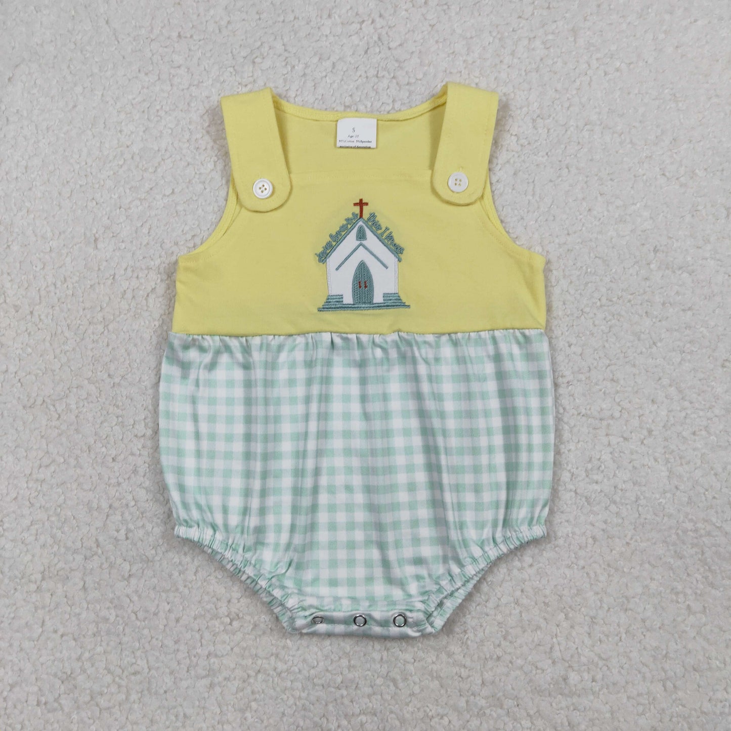RTS NO MOQ(In Stock) SR3703 Embroidered Cross Green Plaid Yellow Vest Jumpsuit