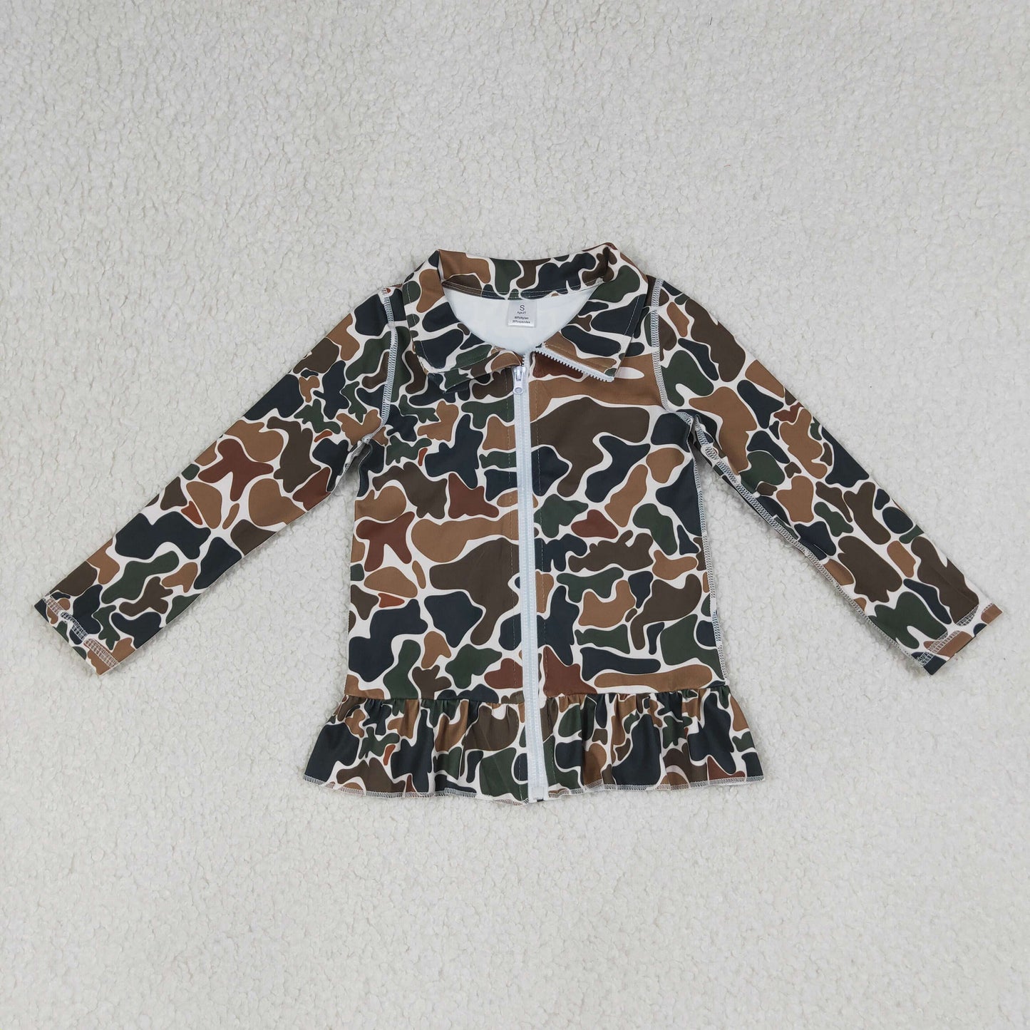 GT1315 Kids Baby Girls Southern Dark Brown Camo Yoga Active Zip Ruffle Jackets Top