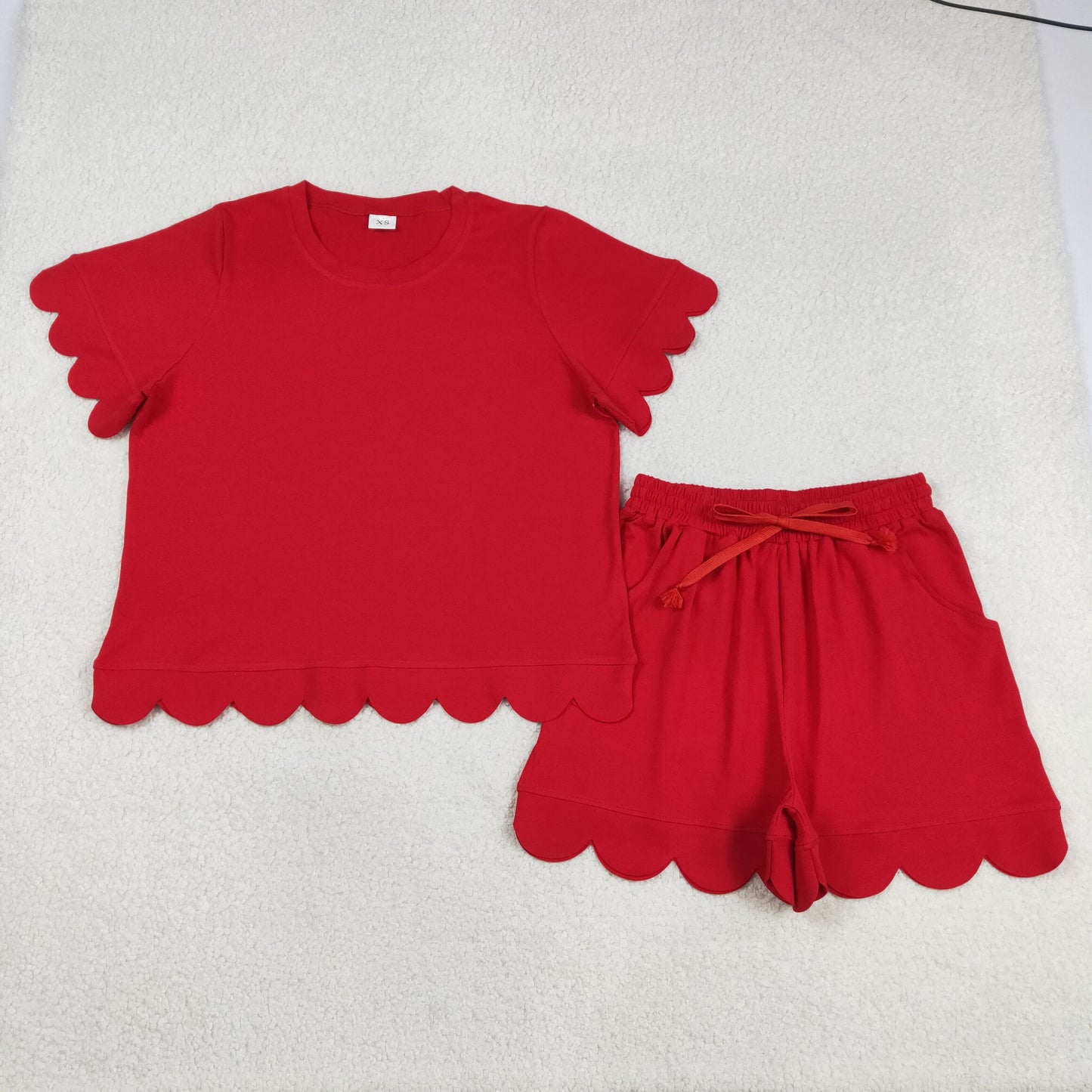 GSSO3205 Adult Women Red Shorts Sleeve Shirts Top Scallop Short Clothes Sets
