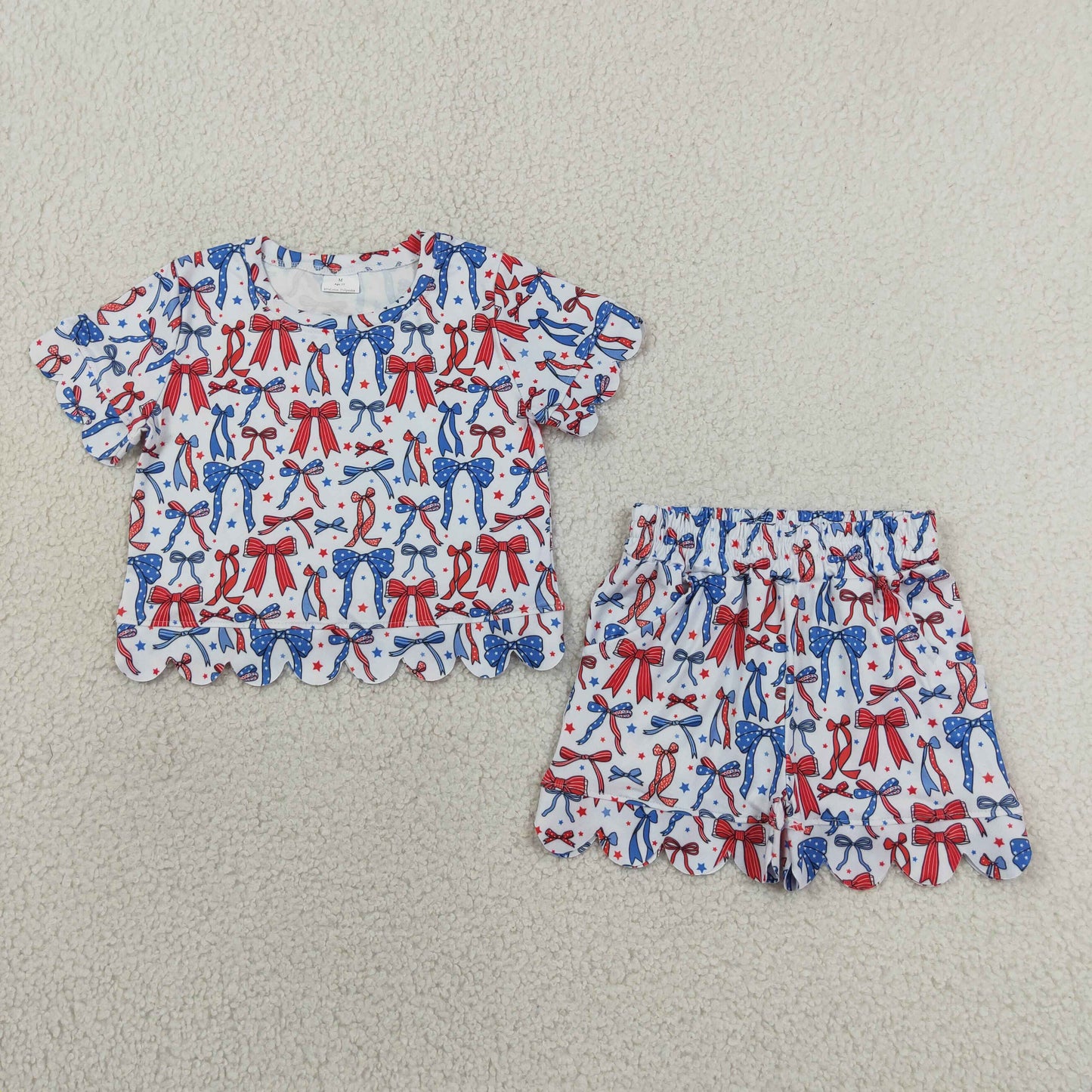 GSSO3548 Kids Baby Girls Red Blue Bow Stars Top Pockets Short 4th of July Scallop Clothes Sets