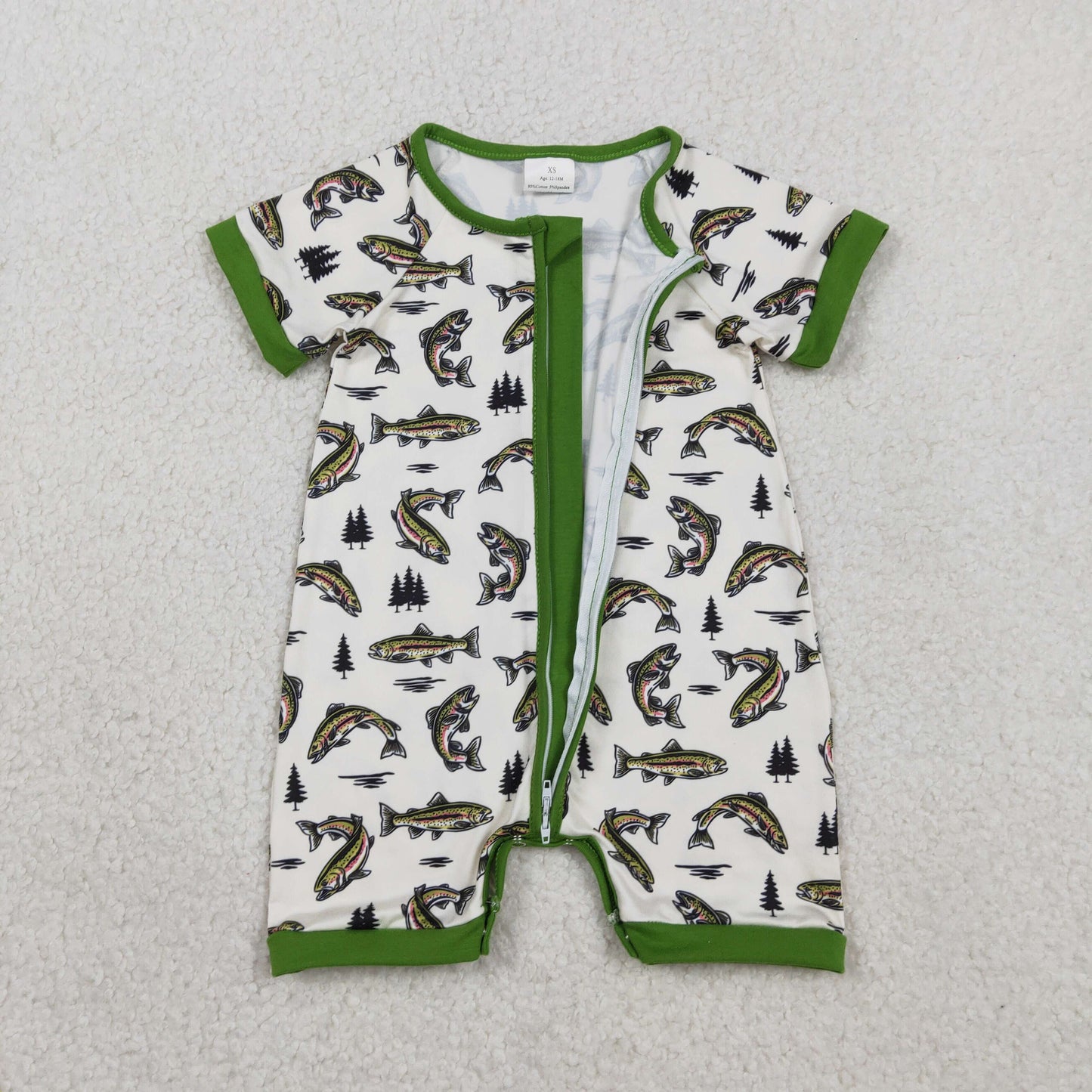 SR3095 Newborn Baby Boy Green Short Sleeves Fishes Hunting Zipper Rompers