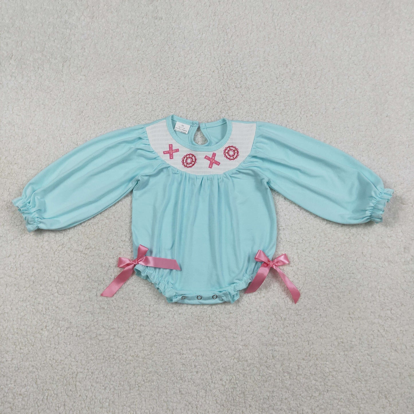 RTS NO MOQ(In Stock) LR2982 Valentine smocked Embroidered xoxo Blue Long-Sleeved Jumpsuit