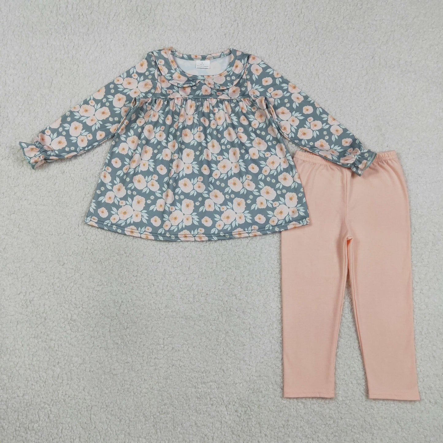 GLP2776 Kids Baby Girl Long Ruffle Sleeve Flowers Collar Tunic Leggings Pant Clothes Set