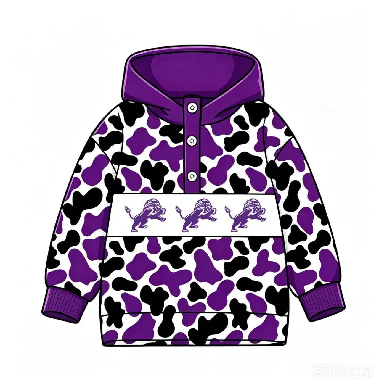Custom Order Baby Boys Purple Camo Lion Team Button Hoodies Top