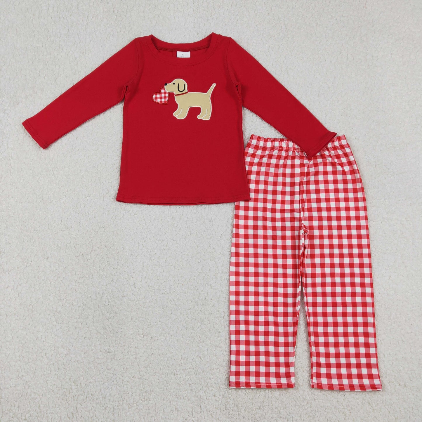 RTS NO MOQ(In Stock) BLP1397 Embroidered red long-sleeved checkered bodysuit with heart and puppy design