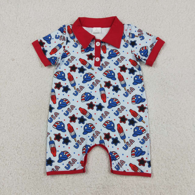 SR3874 Newborn Baby Boys Short Sleeve USA Popsicle Stars 4th of July Button Rompers
