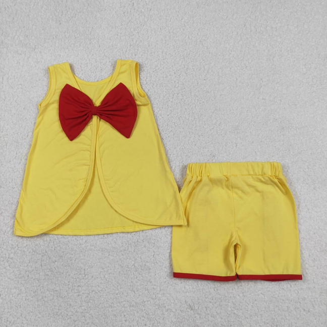 GSSO3466 Kids Baby Girls Yellow Sleeveless Back Bows Tunic Ruffle Shorts Clothes Sets