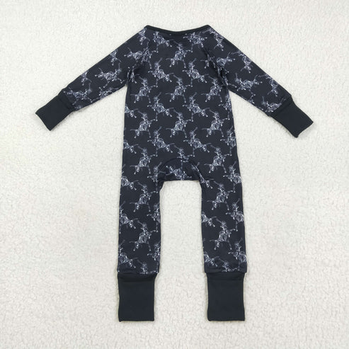 9.17 LR2466 Baby Boys Long Sleeves Black Horse Rodeos Zipper Pant Romper
