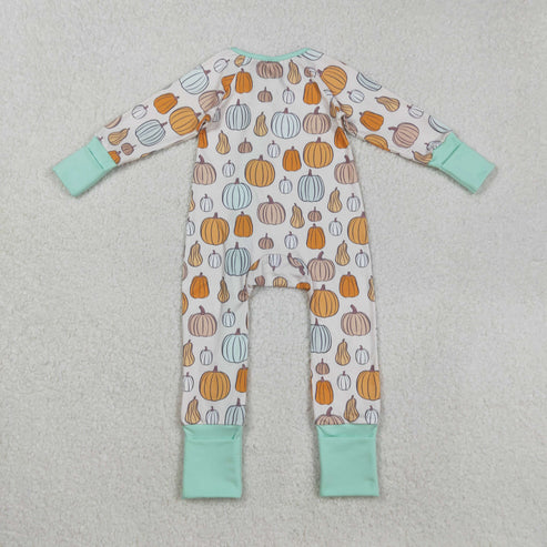 9.17 LR2565 Baby Boys Colorful Pumpkins Plaid Fall Zipper Footie Romper
