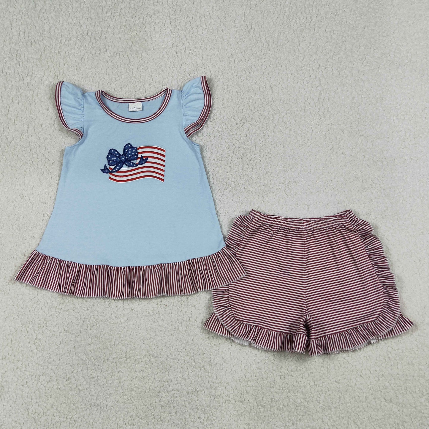 GSSO3278 Kids Embroidery Bow Flags Baby Girls Tunic Ruffle Shorts 4th of July Clothes Set