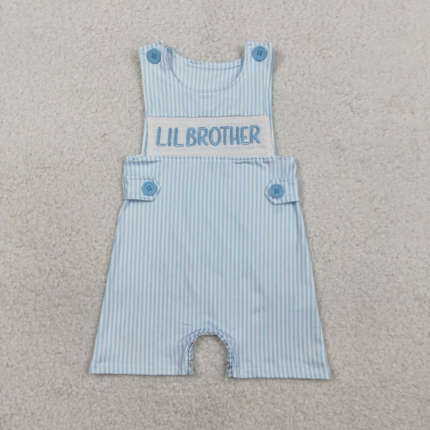 SR3592 Newborn Baby Boy Embroidery Little Brother Sleeveless Blue Stripe Rompers