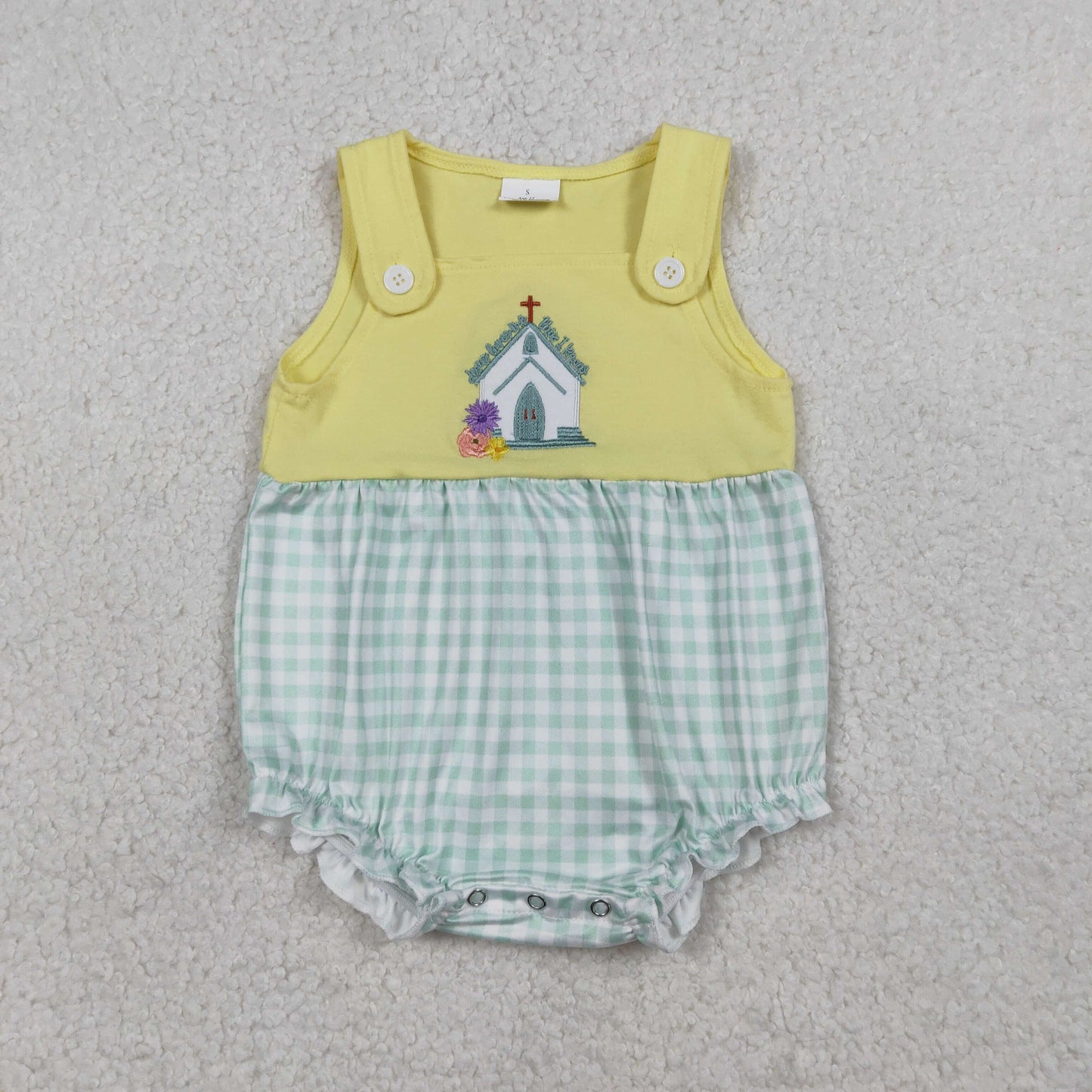 RTS NO MOQ(In Stock) SR3704 Embroidered Cross Flower Green Plaid Yellow Vest Jumpsuit