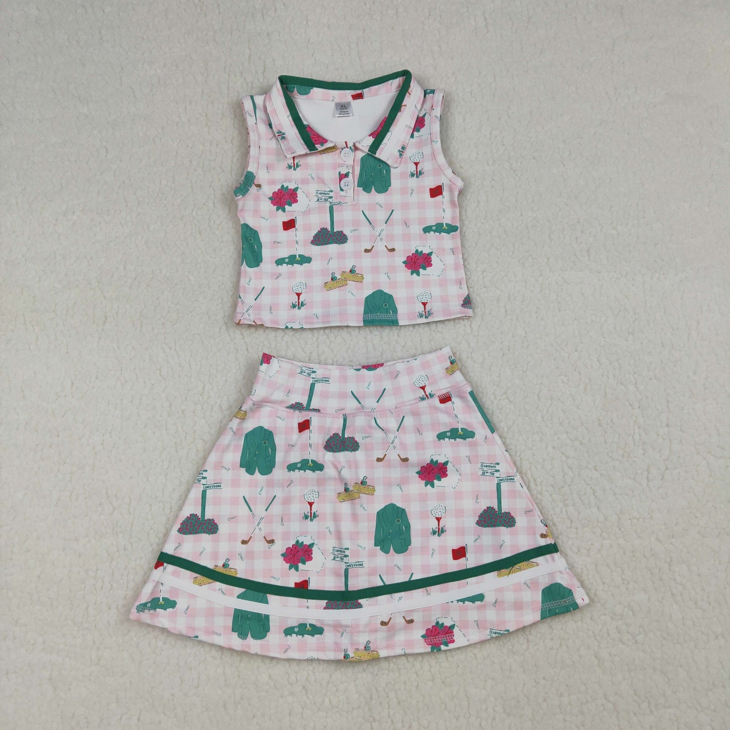 GSD3520 Kids Baby Girl Pink Checked Golf Flags Button Top Skirt Short Yoga Active Clothes Sets