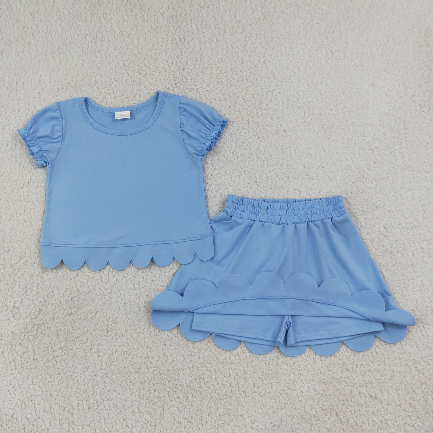 GSD3933 Kids Baby Girls Blue Short Ruffle Sleeve Top Skirt Short Scallop Clothes Sets