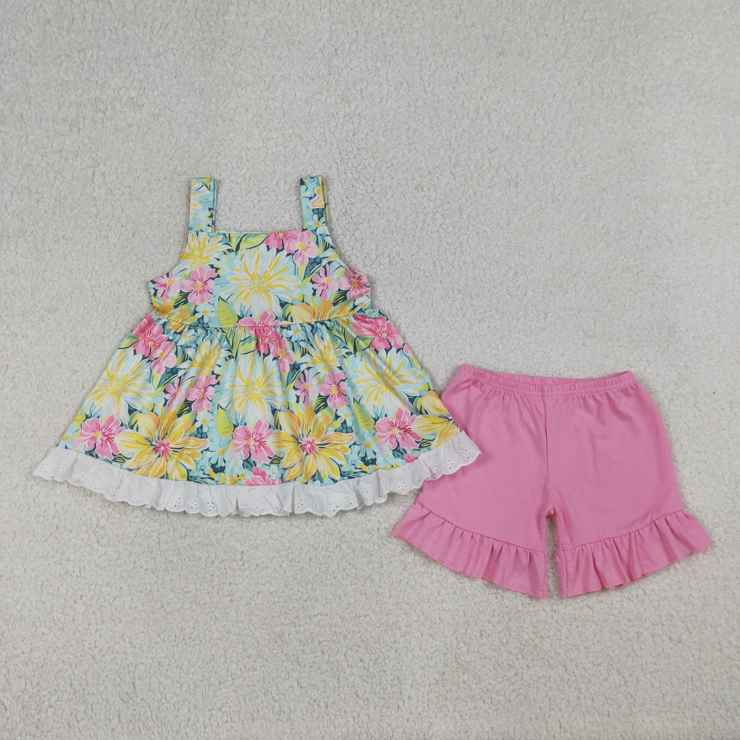 GSSO3034 Kids Baby Girls Strap Colorful Flowers Tunic Ruffle Shorts Clothes Sets