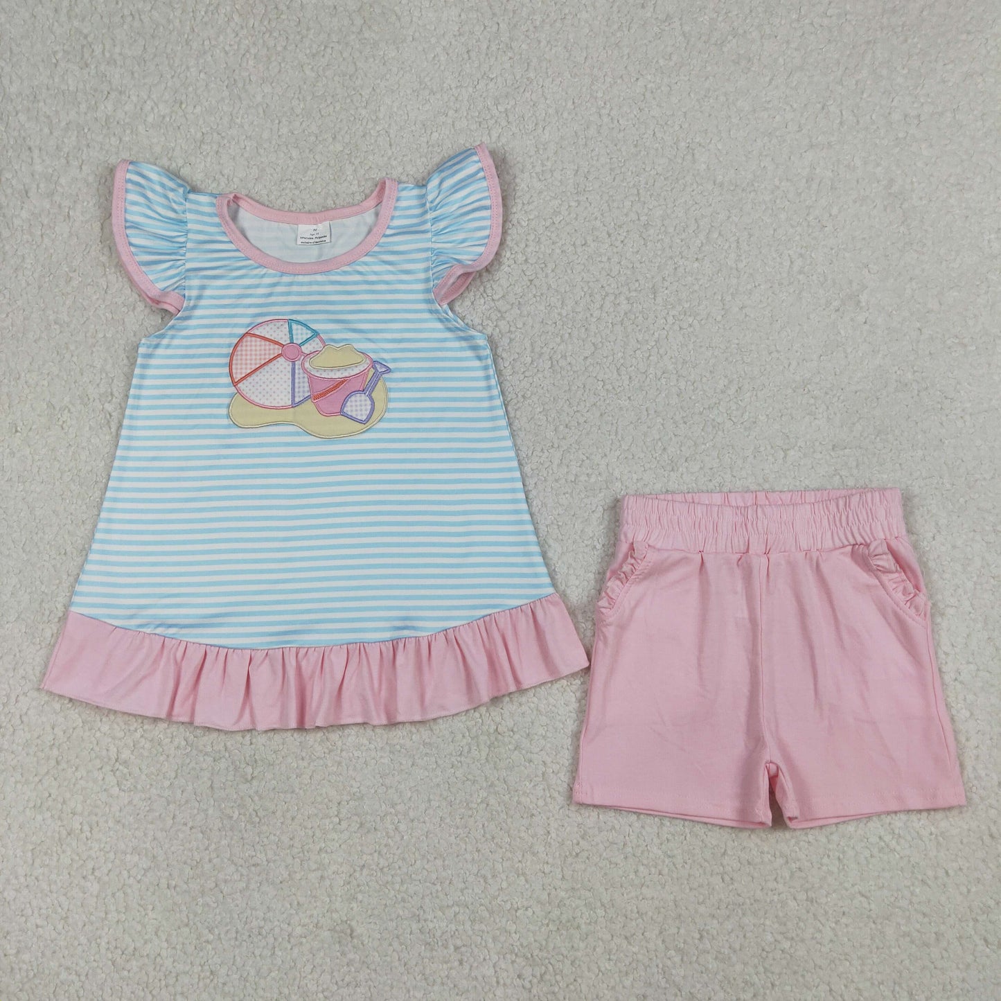 GSSO3109 Kids Embroidery Beach Baby Girls Blue Stripe Tunic Pockets Shorts Clothes Sets