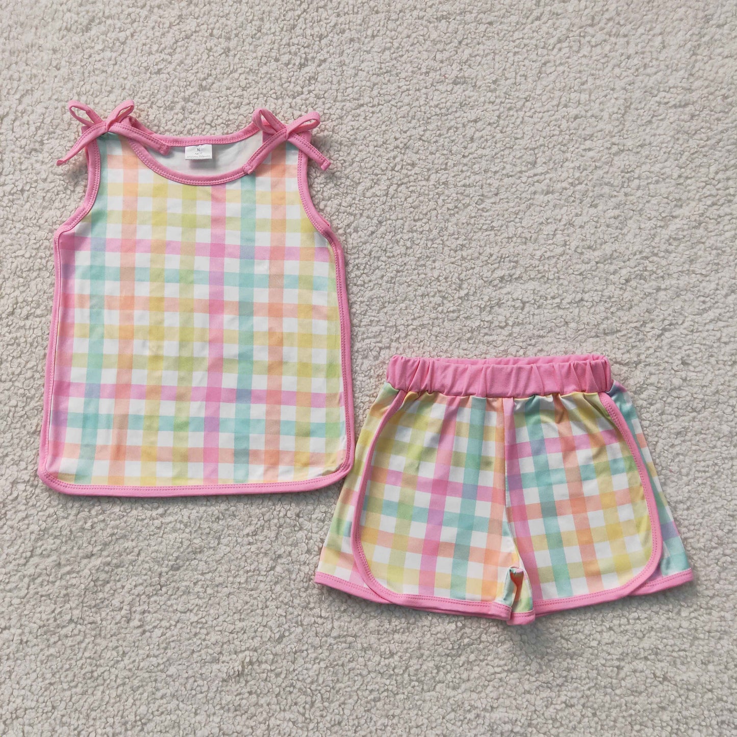 GSSO3659 Kids Baby Girls Sleeveless Colorful Checked Shirt Top Short Clothes Set