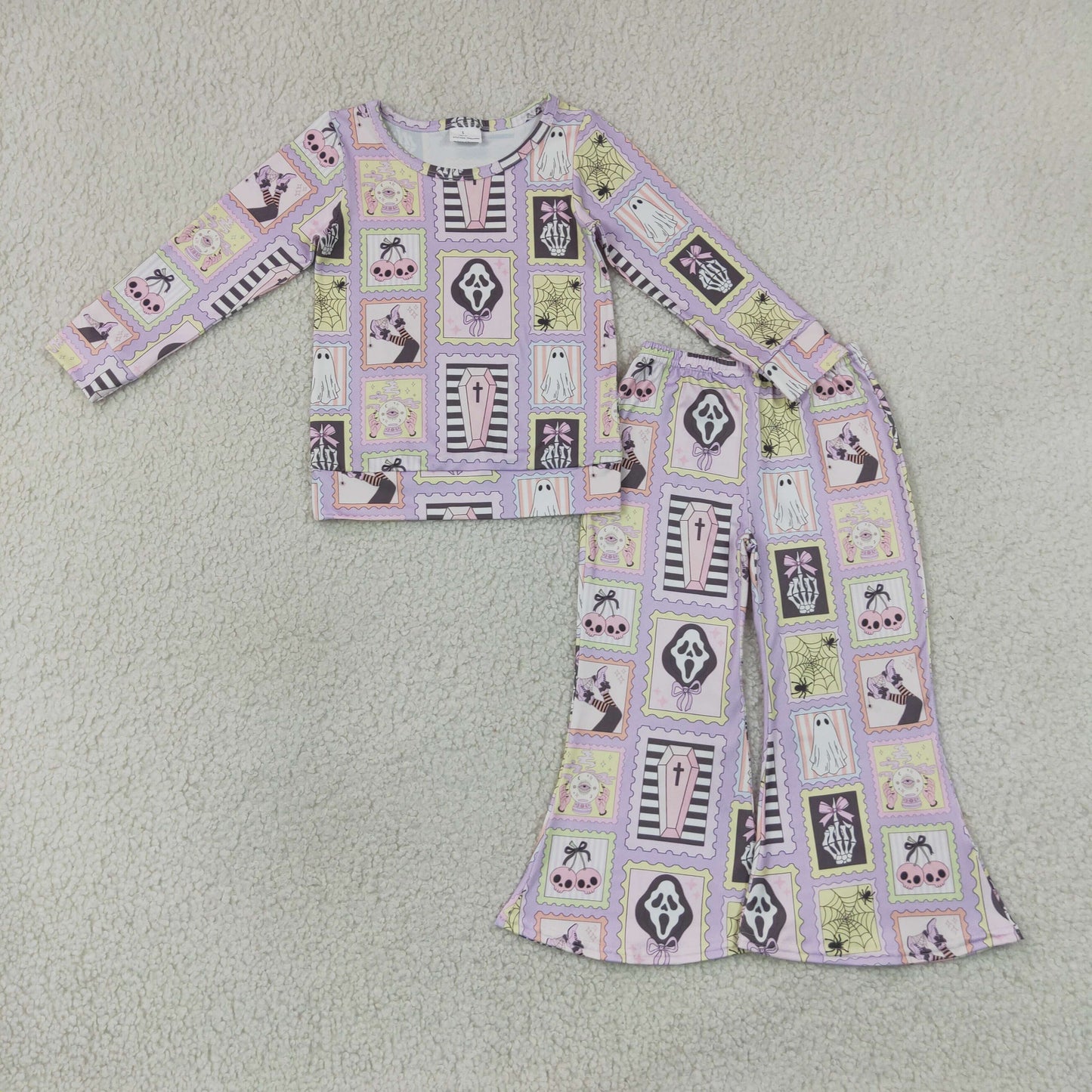 GLP3402 Kids Baby Girls Spider Ghosts Checked Shirt Flare Pant Halloween Clothes Sets