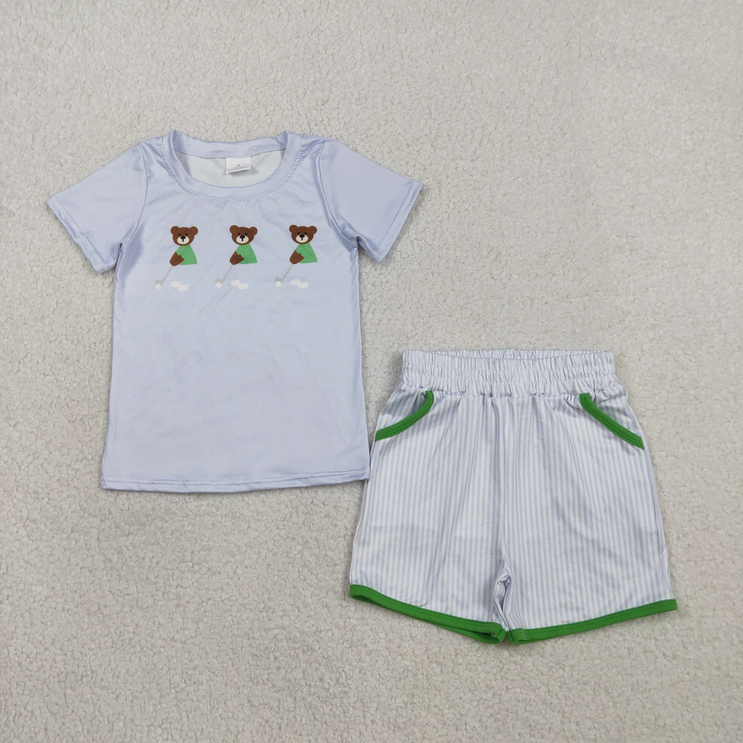RTS NO MOQ(In Stock) BSSO1757 Blue Short-Sleeve Striped Shorts Set with Golf Ball Bear