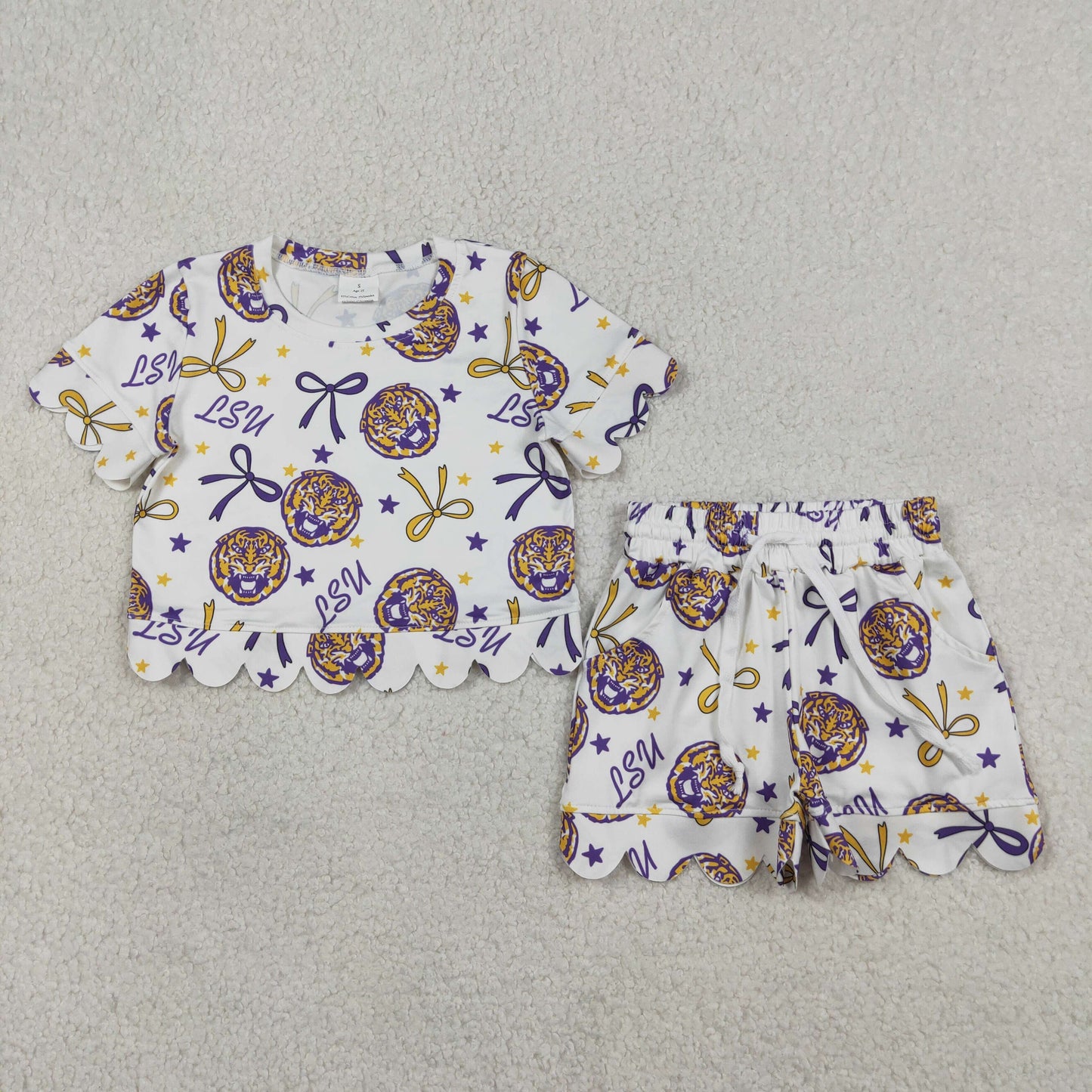 GSSO3252 Kids Baby Girl Short Sleeve Star Bows AU Top Scallop Shorts Team Clothes Sets