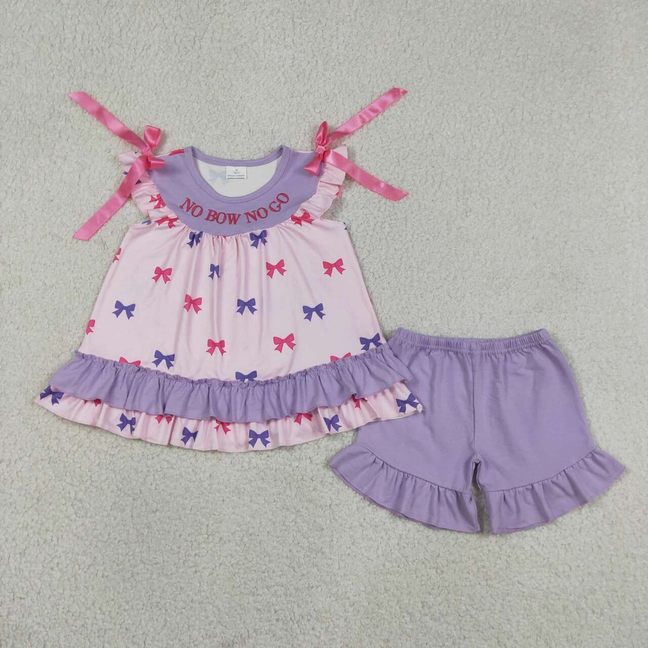 GSSO3460 Kids Embroidery No Bows No Go Baby Girls Tunic Ruffle Shorts Clothes Sets