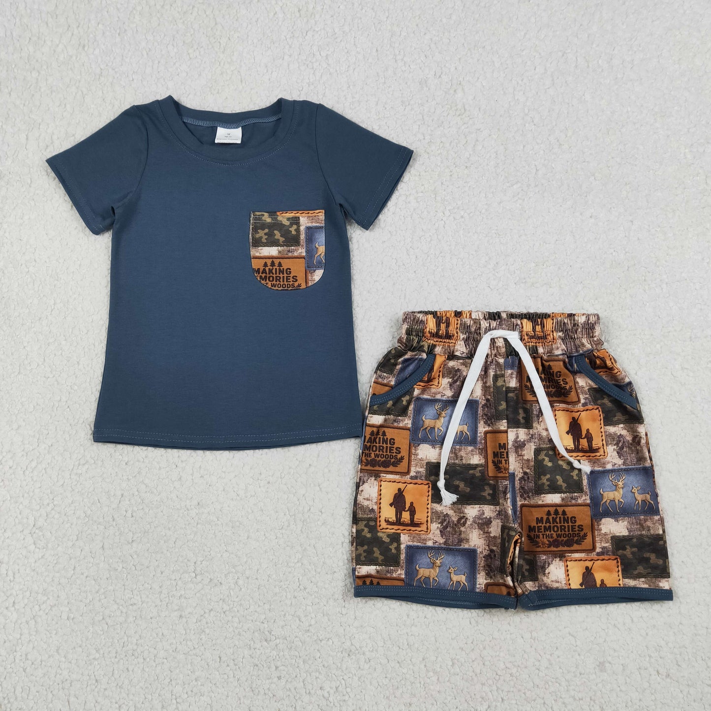 BSSO1846 Kids Baby Boy Shirt Top Deer Camo Checked Pockets Shorts Hunting Clothes Sets