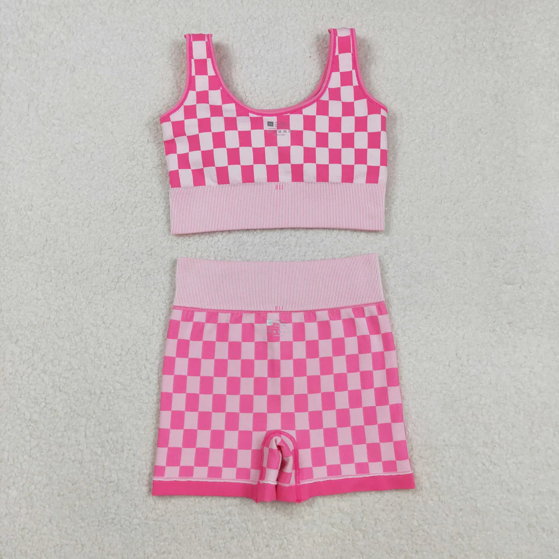 9.13 GT1190+SS0645 Adult Women Pink Checkered Crop Bra Top Shorts Yoga Outfits Set