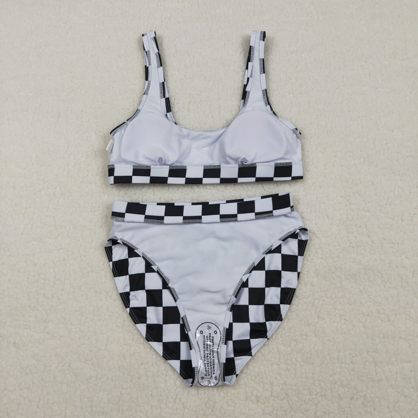 S0738 Adult Women Black Checkered Bra Top Bummies Bottom Swimsuits Sets