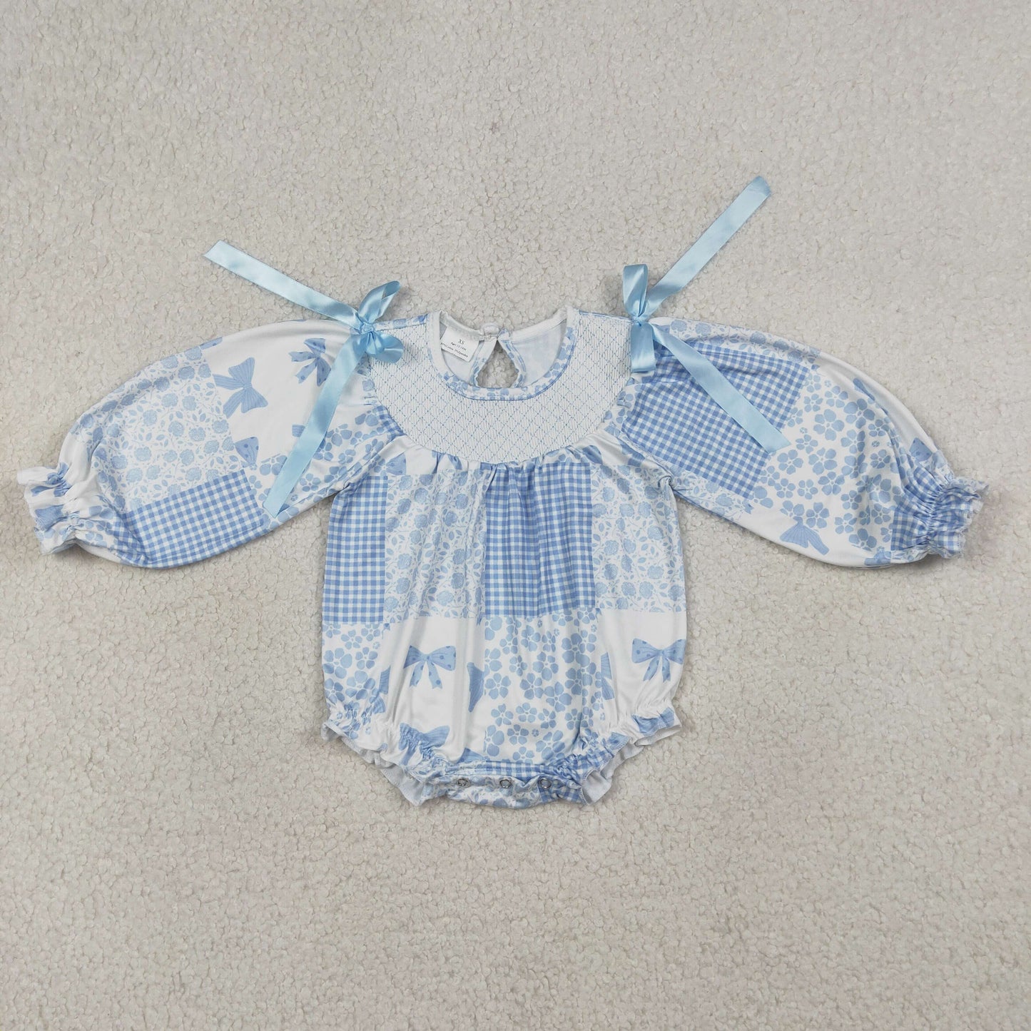 LR2931 Newborn Smocked Checked Baby Girl Blue Bows Flowers Ruffle Rompers