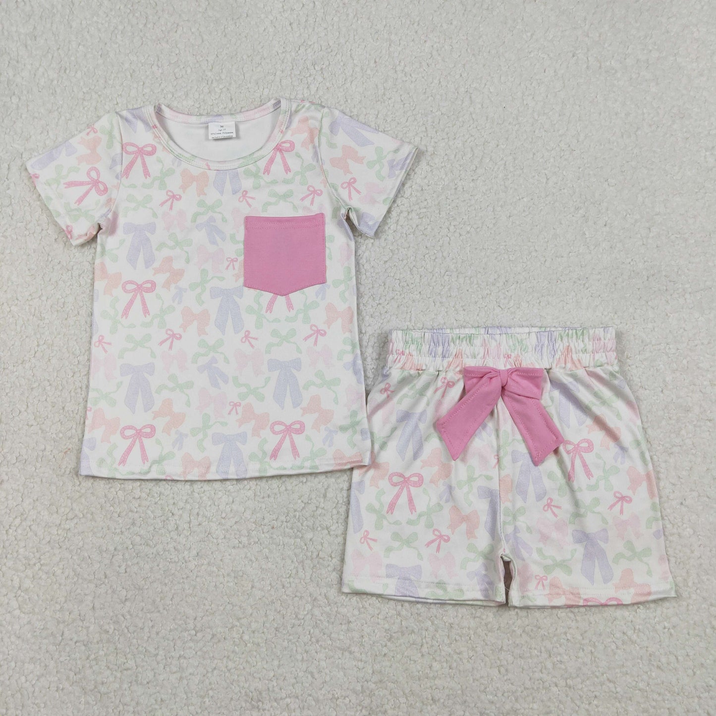 RTS NO MOQ(In Stock) GSSO2990 Pocket Colorful Bow Pattern Beige Short-Sleeve and Shorts Set