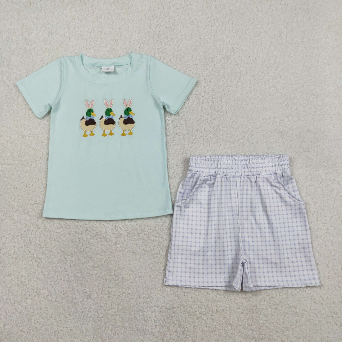 RTS NO MOQ(In Stock) BSSO1719 Embroidered Rabbit Ears and Duck Blue-Green Short-Sleeve Plaid Shorts Set