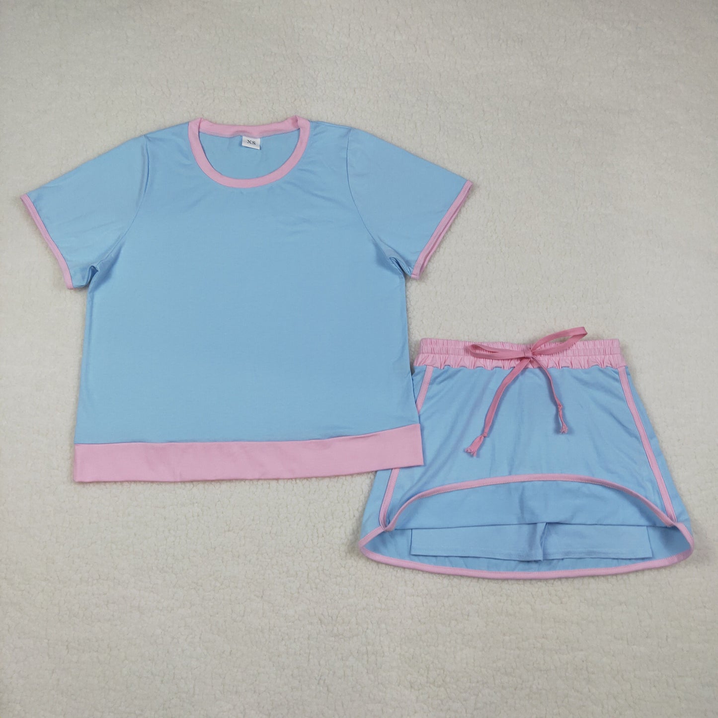 GSD3674 Adult Women Blue Short Sleeve Top Skirt Shorts Cotton Clothes Set
