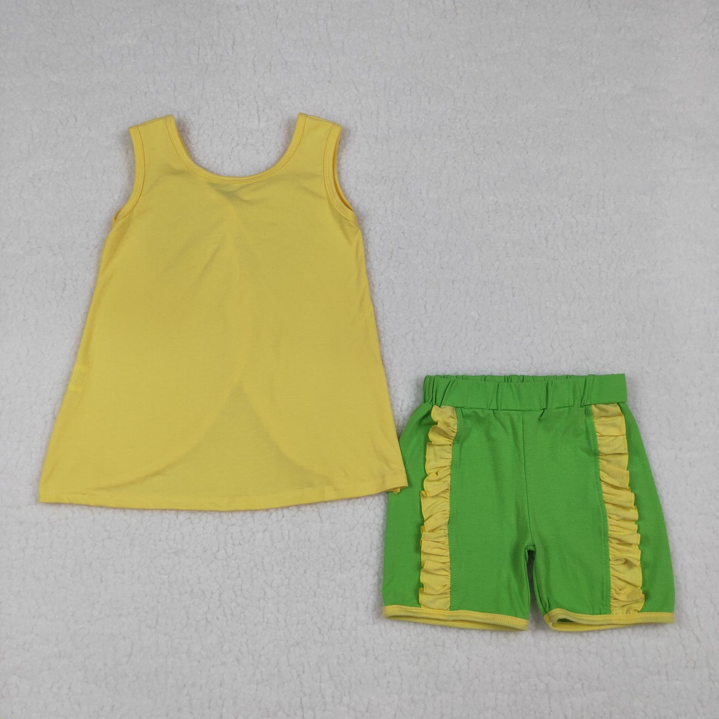 GSSO3464 Kids Baby Girls Sleeveless Back Bows Tunic Green Ruffle Shorts Clothes Sets