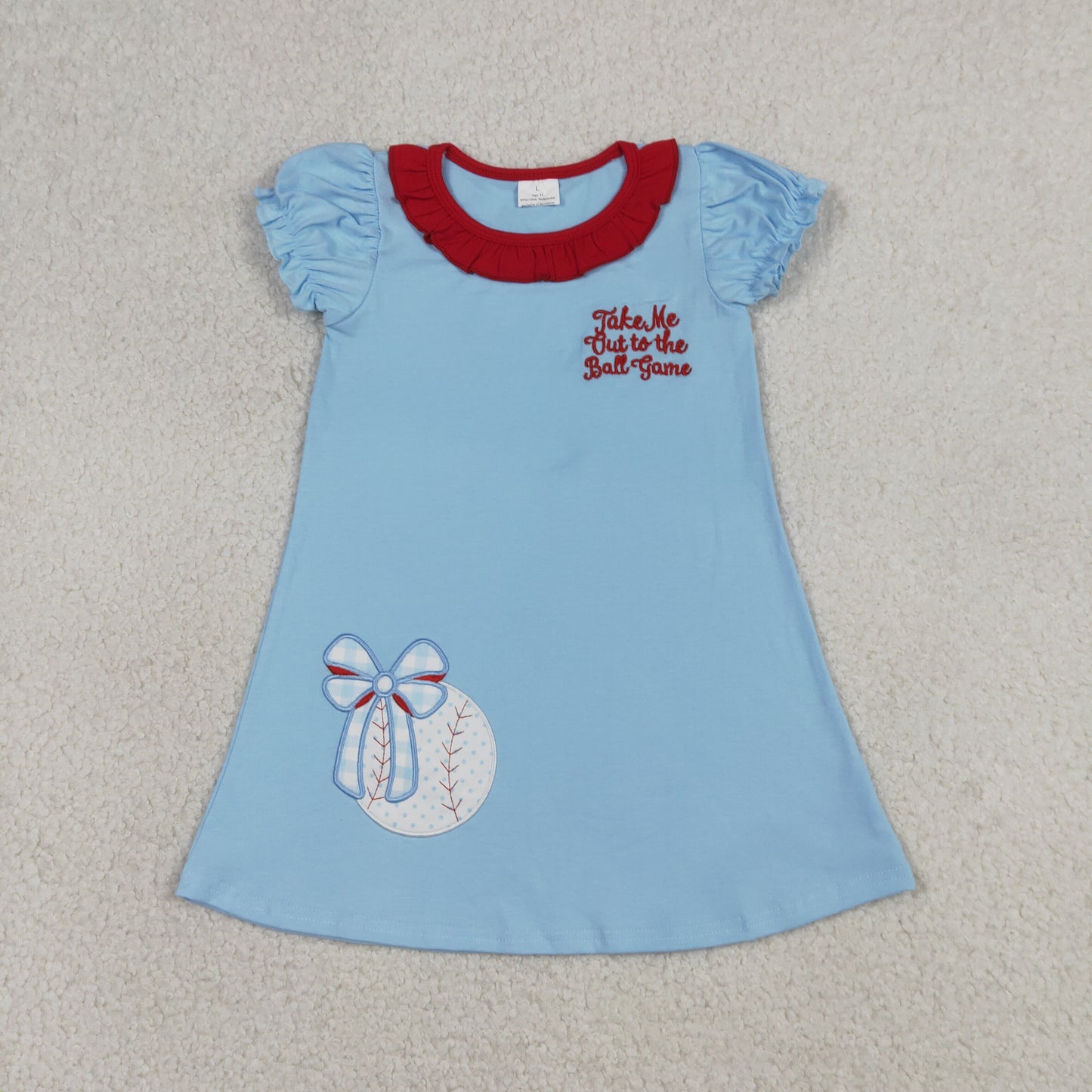GSD3685 Kids Embroidery Baseballs Bows Baby Girls Team Knee Length Dresses