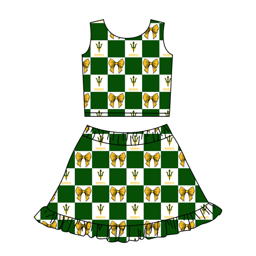 Custom Milk Silk Order MOQ:3 or 5 pcs Each Design Team State Girl Summer Bow Green Sleeveless Skirts Sets