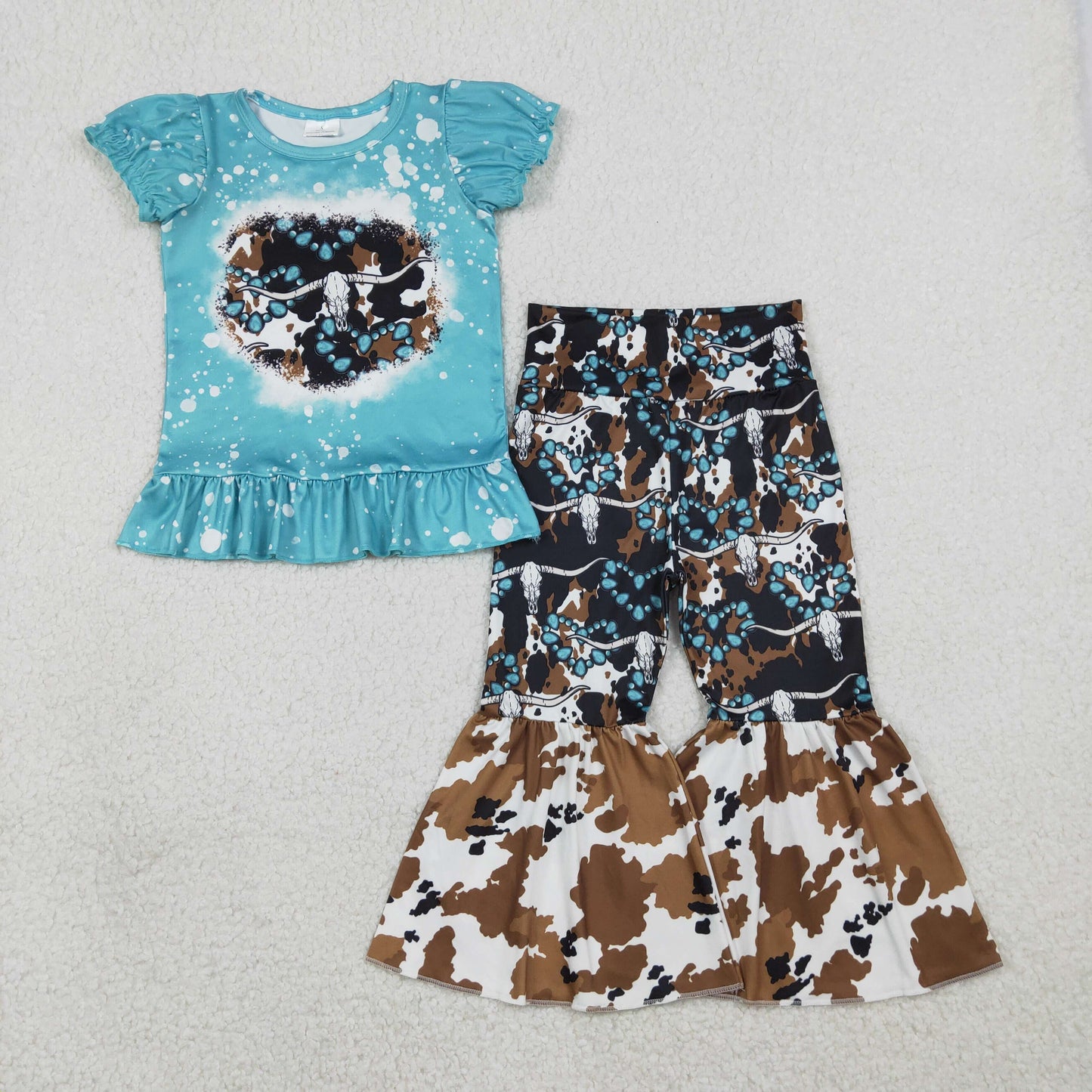 RTS NO MOQ(In Stock) GSPO2116 Alpine Bull Head Emerald Ink Painting Short-Sleeve Pants Set