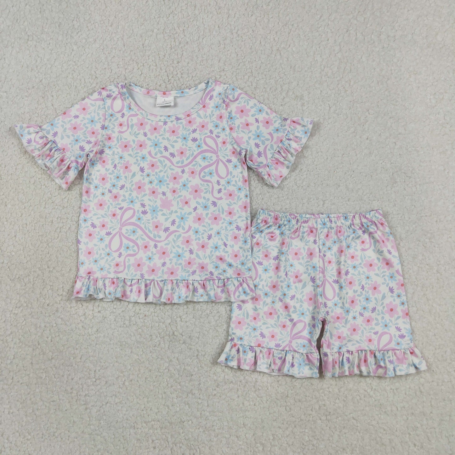 GSSO3322 Kids Baby Girls Colorful Flowers Bows Top Ruffle Shorts Pajamas Clothes Sets