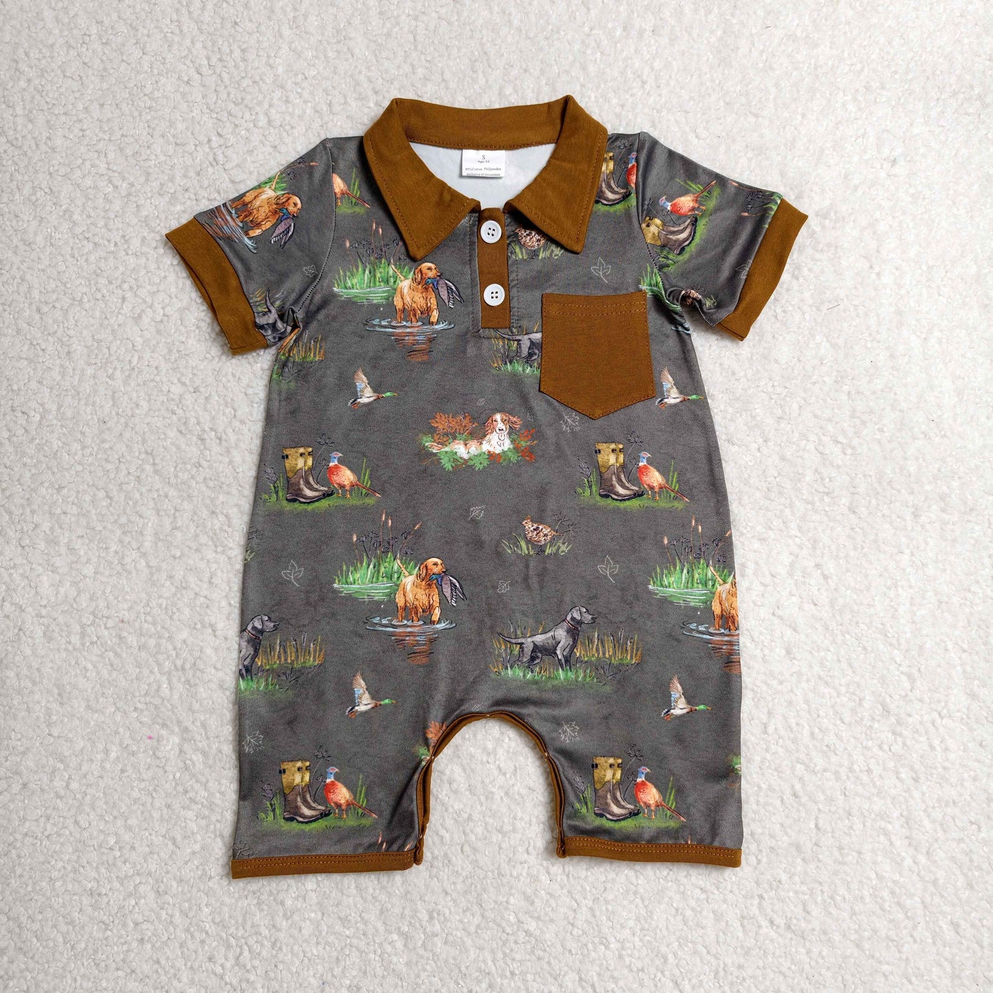 SR4162 Newborn Baby Boys Short Sleeve Ducks Dogs Button Pocket Hunting Romper