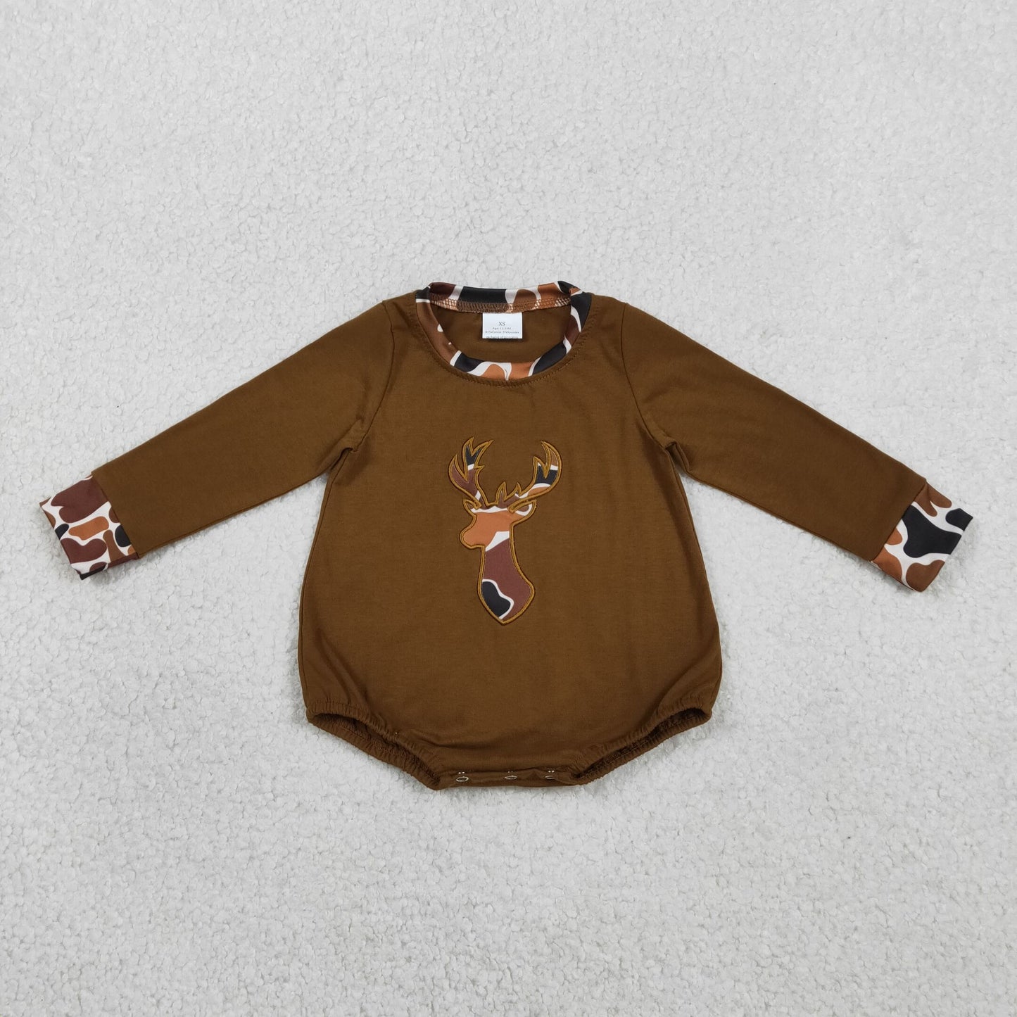 LR2260 Baby Boy Embroidery Camo Deer Brown Long Sleeve Hunting Rompers
