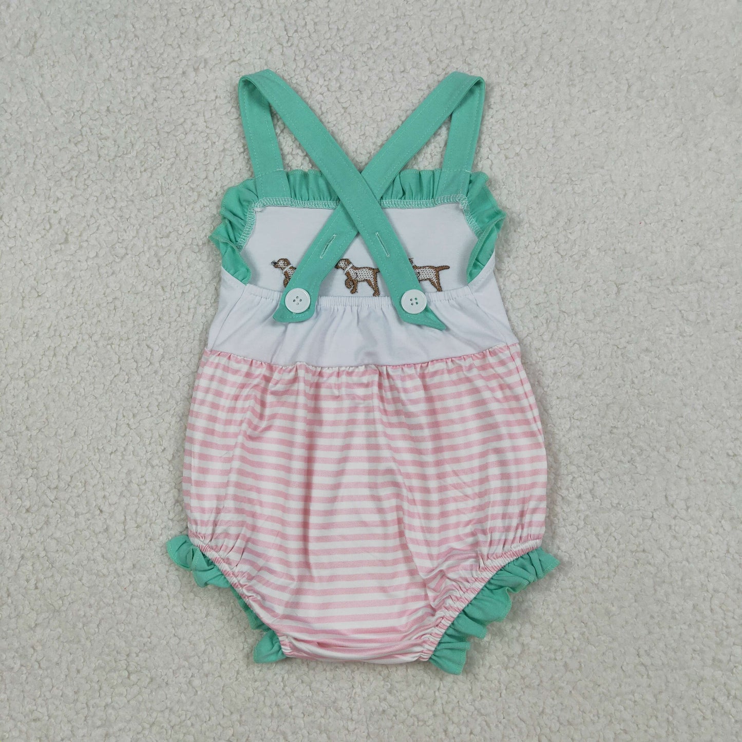 SR3558 Newborn Embroidery Dogs Baby Girl Strap Pink Stripe Hunting Rompers