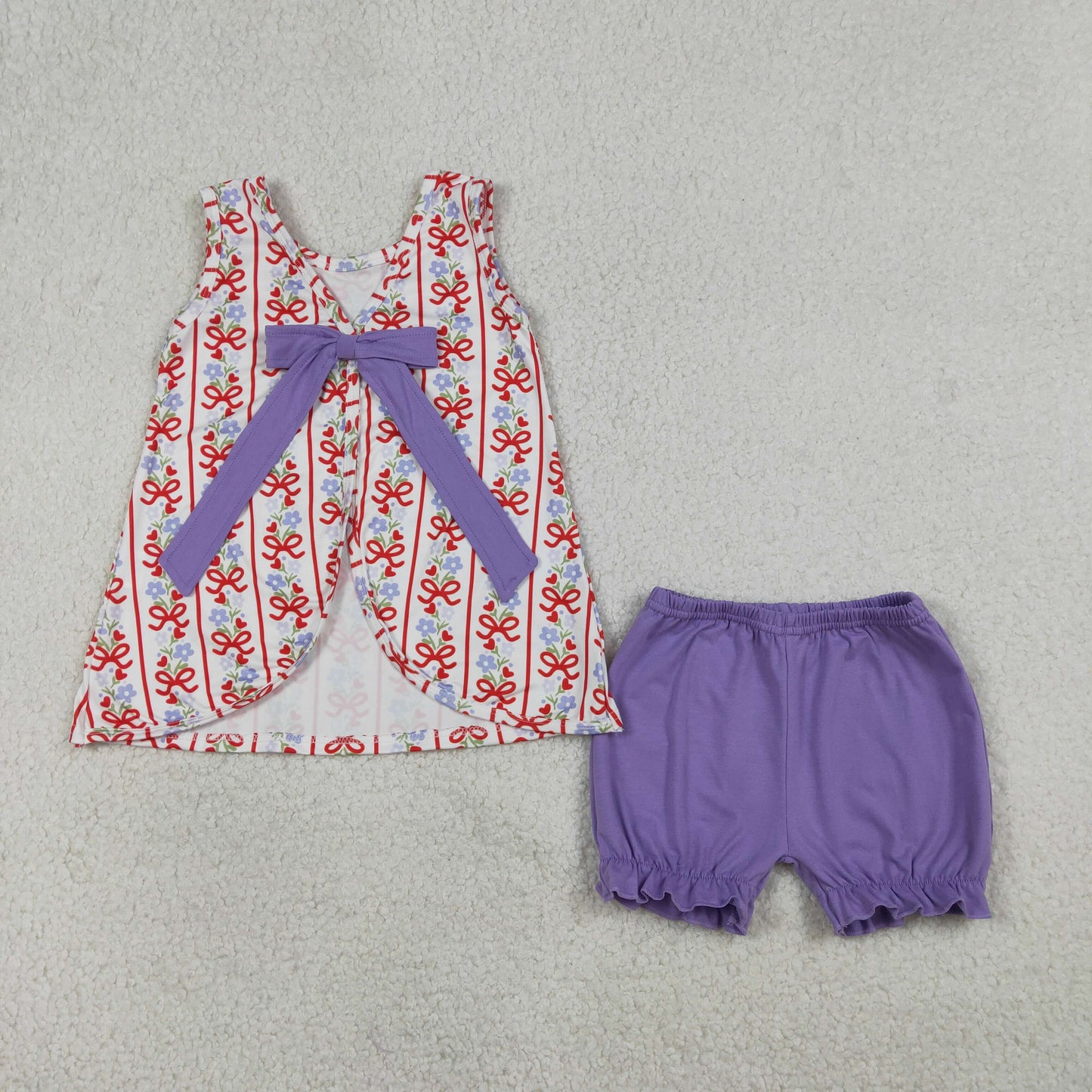 3/6m-6/7t RTS NO MOQ(In Stock) GSSO2785 Floral Heart Red Bow Pattern Vertical Striped Sleeveless Blue-Purple Shorts Set