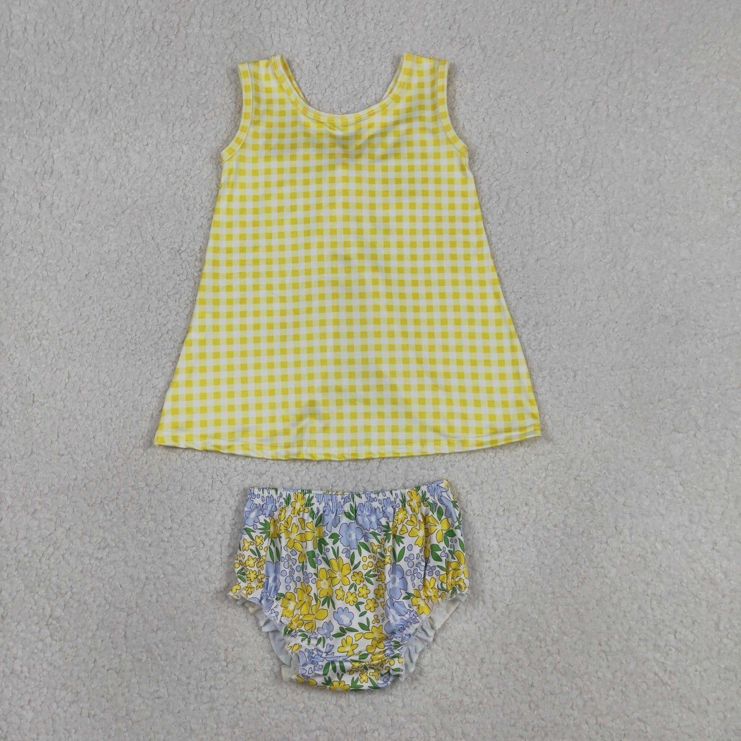 GBO0504 Kids Baby Girls Yellow Checked Flowers Back Bow Tunic Flowers Bummies Clothes Sets
