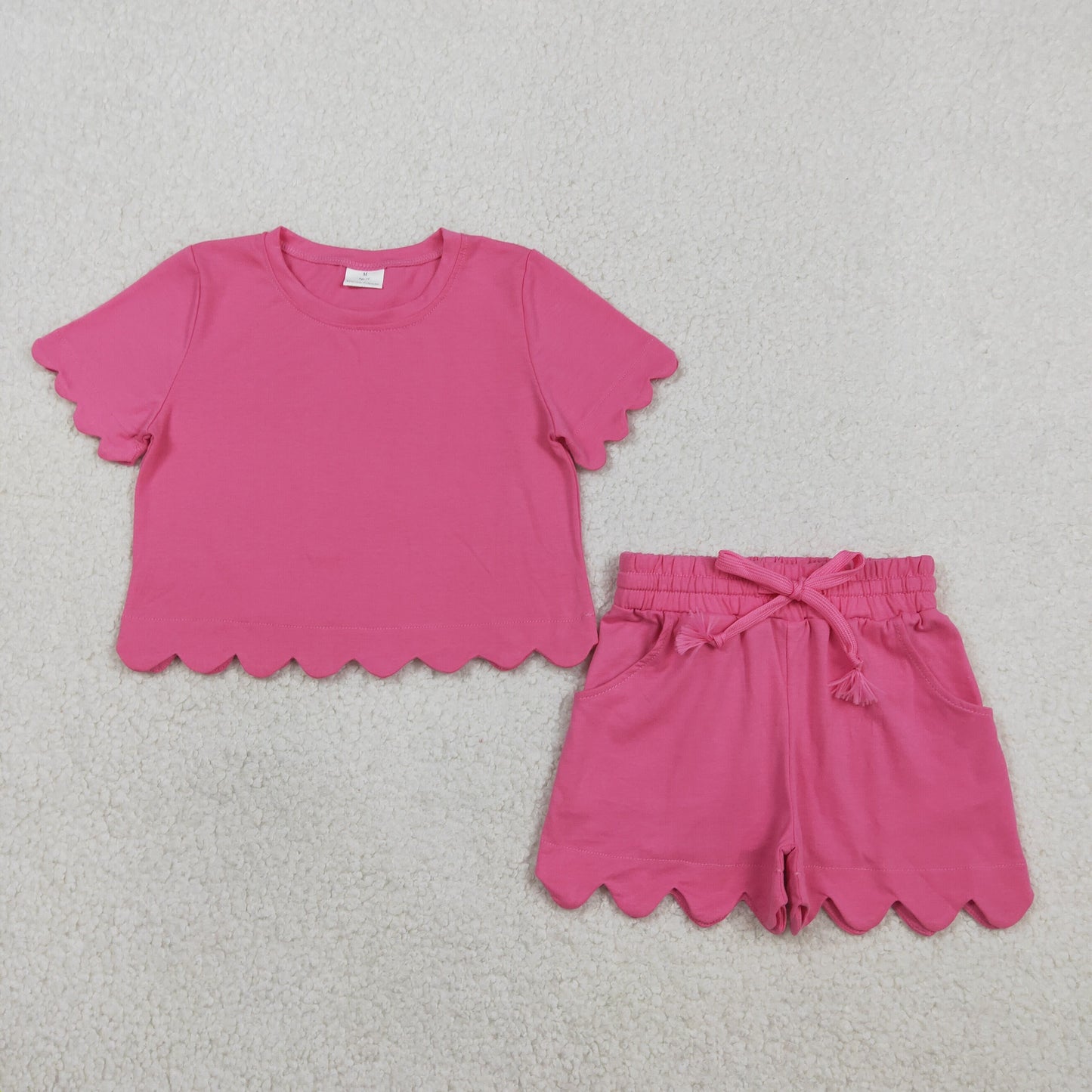 GSSO3176 Kids Baby Girl Short Sleeve Hot Pink Shirts Top Scallop Shorts Clothes Sets