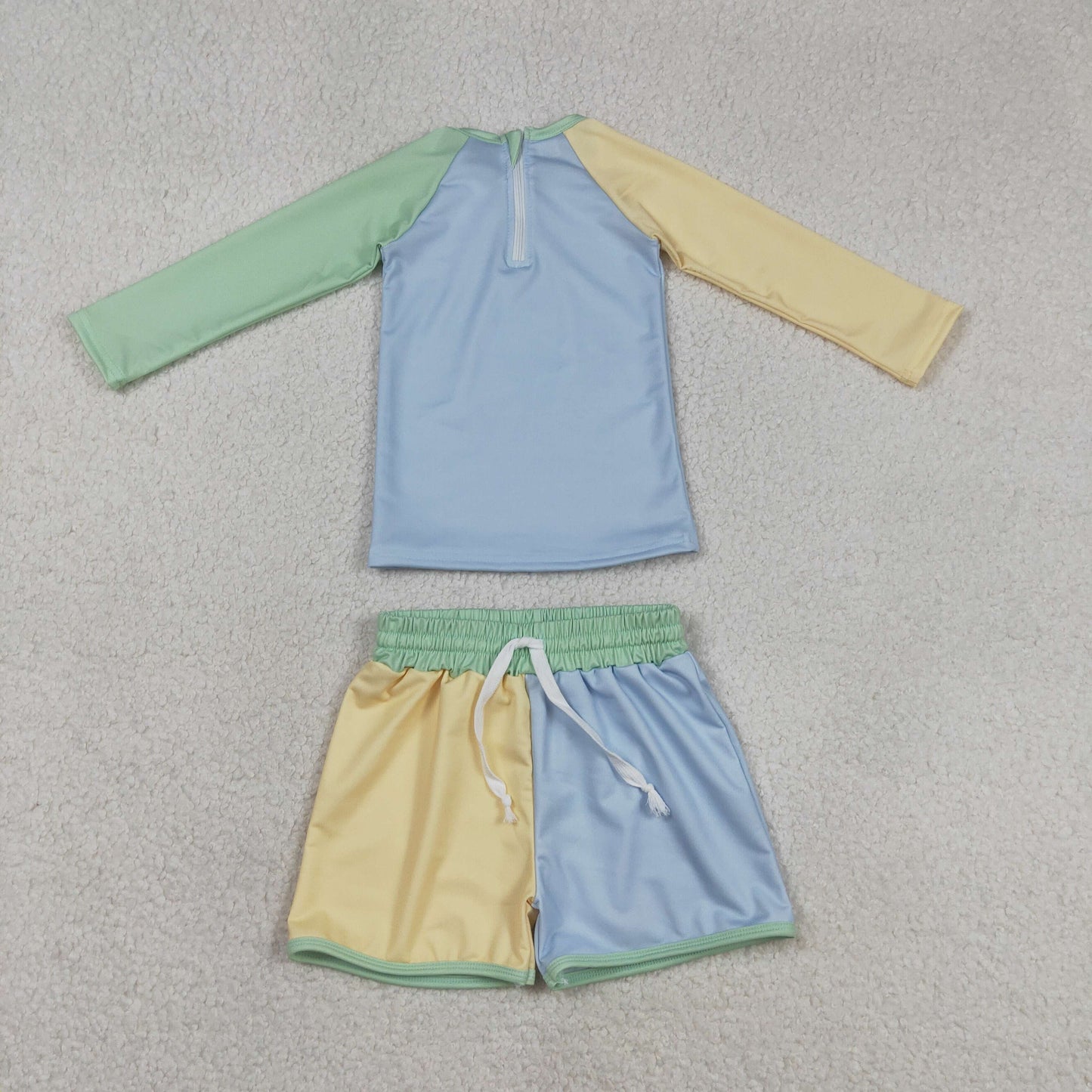 S0634 Kids Baby Boy Long Sleeve Yellow Aqua Blue Shirts Top Shorts Swimsuits