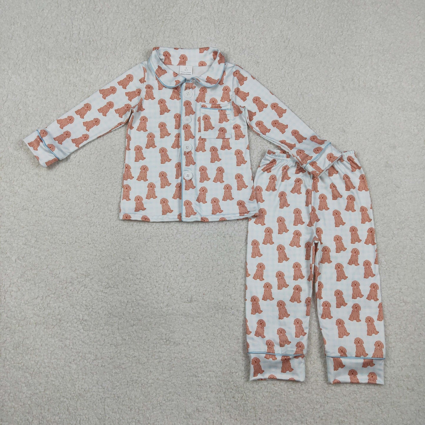 BLP1408 Kids Baby Boy Blue Checked Dogs Button Pocket Top Pant Pajamas Sets